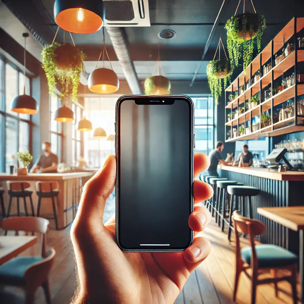 A man holding a smartphone in a coffee shop