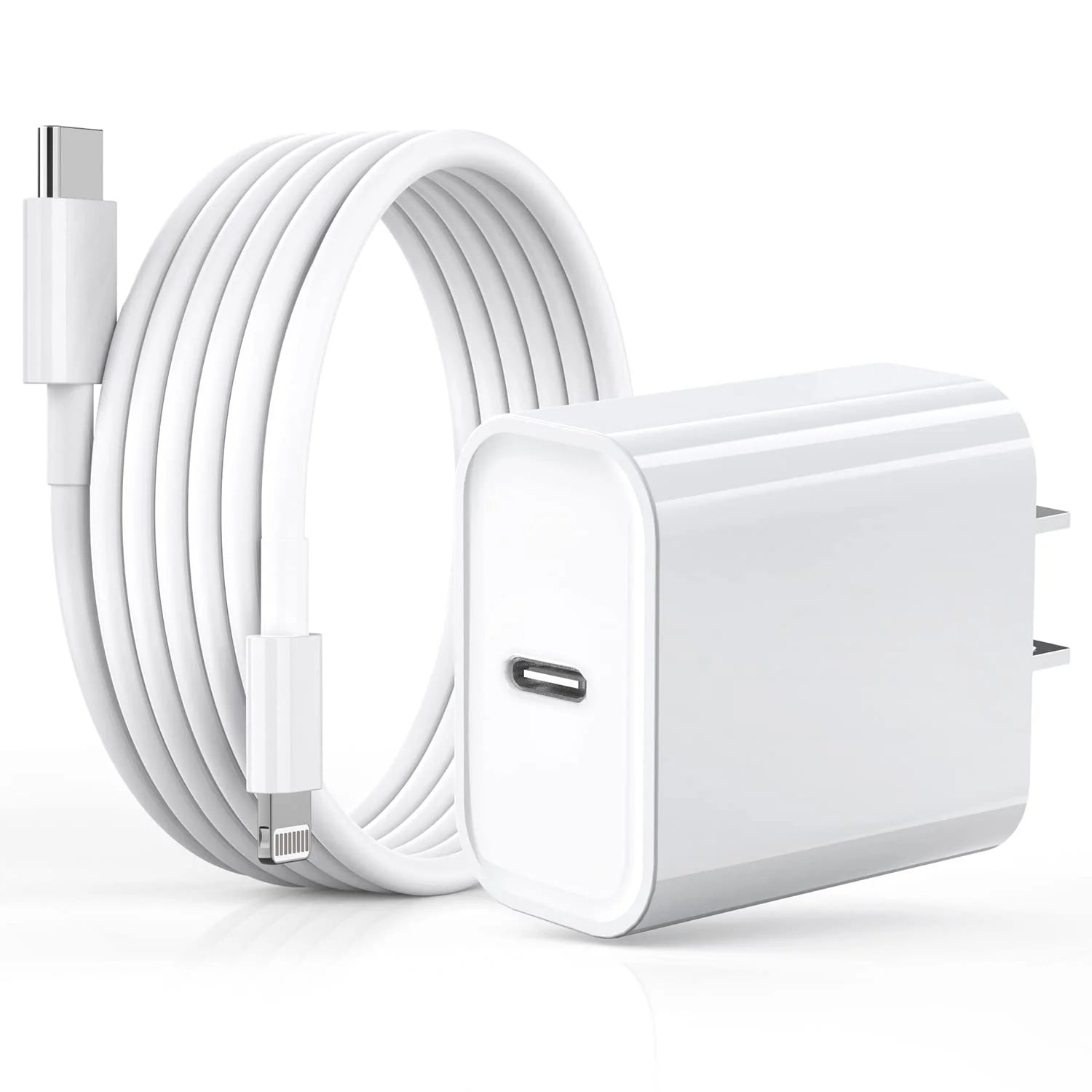 Chargeur blanc USB-C rapide avec câble long et connecteur réversible pour appareils modernes.