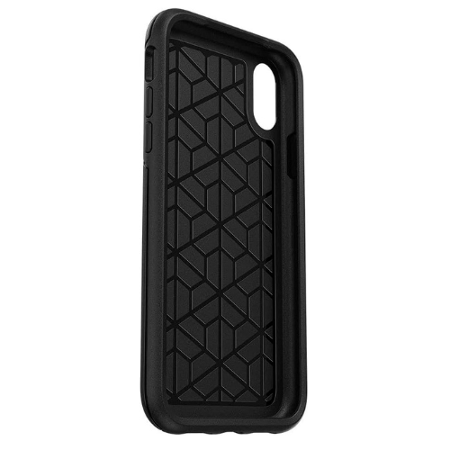 Vue intérieure d'un étui Otterbox série Symmetry pour un Téléphone Cellulaire iPhone  montrant une structure noire avec un motif géométrique pour l'absorption des chocs et une découpe sur le côté pour la caméra de l'iPhone.