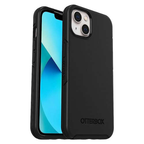 Téléphone Cellulaire iPhone avec un étui protecteur noir de la série Otterbox Symmetry, montrant un design élégant et fin tout en offrant une protection robuste, avec des boutons latéraux accessibles et un large espace pour la caméra arrière.