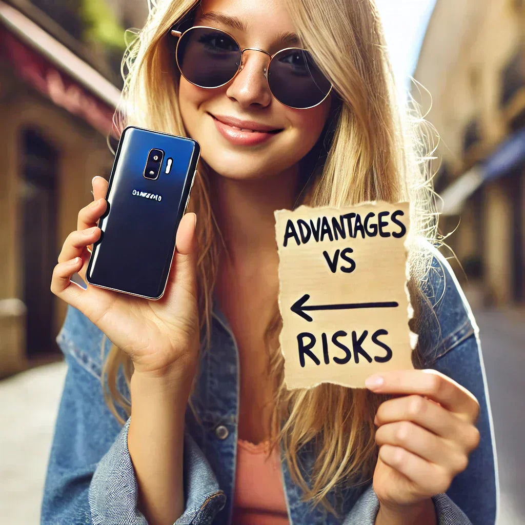 Blonde woman with sunglasses holding a refurbished Samsung Android phone and a paper labeled 'Advantages VS Risks.' Candid outdoor scene about refurbished cellphones.