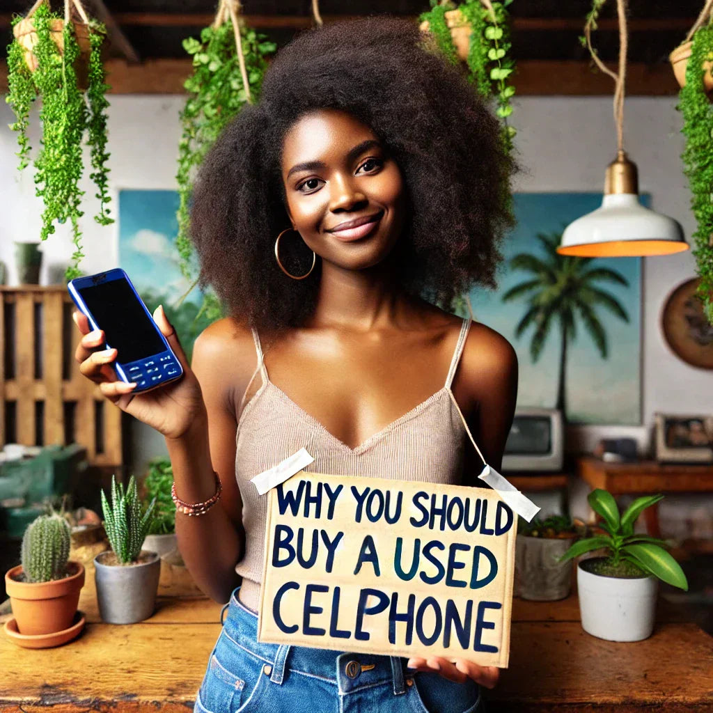 Young African woman holding a used smartphone and a sign saying 'Why You Should Buy a Used Cellphone.' Eco-friendly background with plants, emphasizing second-hand, refurbished iPhones and Samsung phones