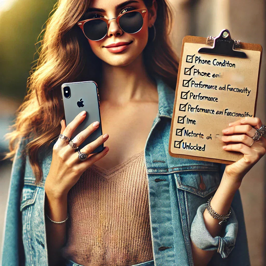 Young woman holding a second-hand Apple iPhone and showing a checklist, emphasizing buying a second-hand cellphone. Warm, candid outdoor scene.