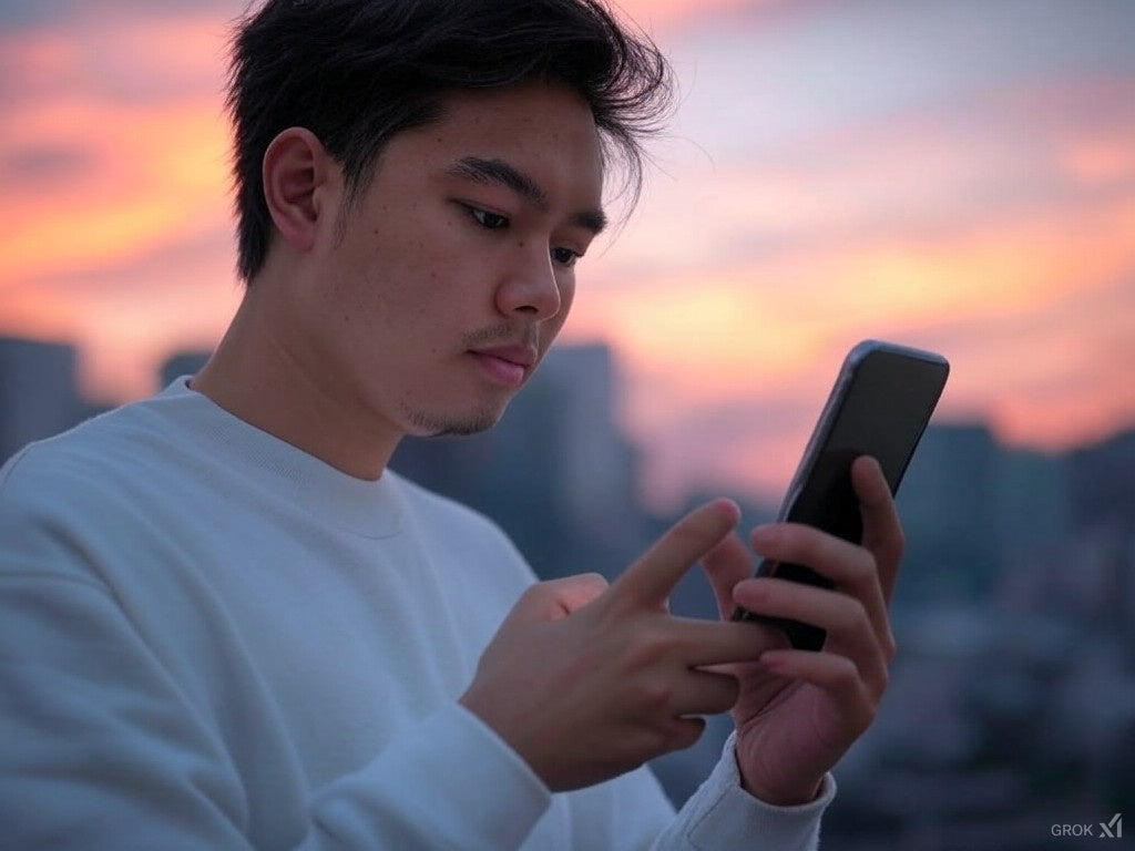 Young man looking at his phone with a city skyline background