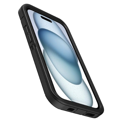 Vue avant d'un iPhone équipé de l'étui protecteur Otterbox série Defender, présentant une structure noire triple couche résistante aux chutes, à la poussière et aux éraflures, avec un écran clair visible montrant un design épuré bleu pastel.