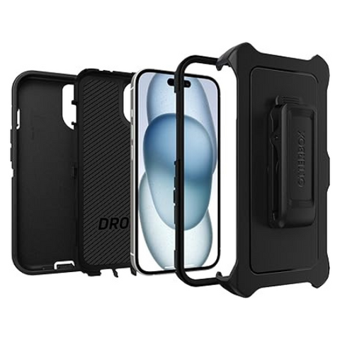 Étui Otterbox série Defender pour iPhone démonté en trois parties, montrant la coque arrière noire, le cadre protecteur renforcé et la pince de ceinture, avec un iPhone affichant un fond d'écran bleu à l'intérieur du cadre frontal.