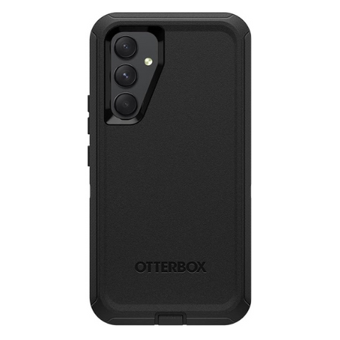 Vue arrière d'un Téléphone Cellulaire Samsung Galaxy dans un étui protecteur Otterbox série Defender noir, avec des contours surélevés autour de la caméra triple et le logo Otterbox en bas au centre.