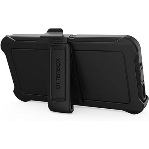 Étui Otterbox série Defender pour un Téléphone Cellulaire Samsung, vu de côté avec la pince de ceinture attachée, montrant un design robuste et angulaire en noir intégral, conçu pour offrir une protection maximale.