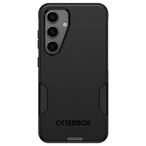 Vue arrière d'un Téléphone Cellulaire Samsung Galaxy dans un étui Otterbox série Commuter noir, avec une surface texturée pour une meilleure prise, des renforcements angulaires pour la protection contre les chutes et une découpe précise pour la caméra triple.