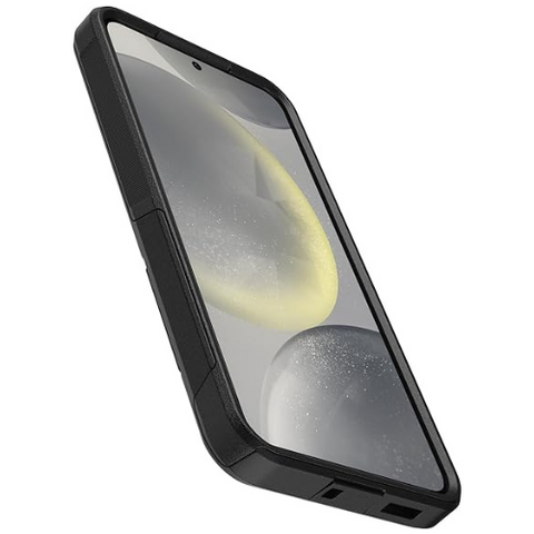 Téléphone Cellulaire Samsung Galaxy dans un étui Otterbox série Commuter, incliné sur le côté pour montrer l'écran allumé avec un fond d'écran spatial, bordé par le cadre protecteur de l'étui avec des grips latéraux texturés.