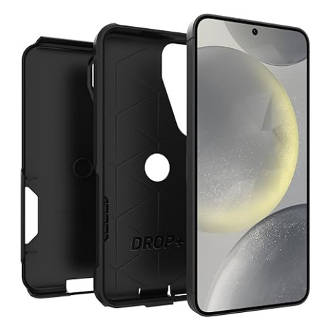 Étui Otterbox série Commuter pour Téléphone Cellulaire Samsung démonté en trois parties, affichant la coque arrière noire avec motif DROP+, la couverture externe, et un Samsung Galaxy avec un écran allumé inséré dans le cadre frontal.