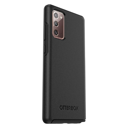 Vue arrière d'un Téléphone Cellulaire Samsung Galaxy dans un étui Otterbox série Symmetry noir, montrant un design sobre avec le logo Otterbox et une découpe précise pour la caméra quadruple et le flash.